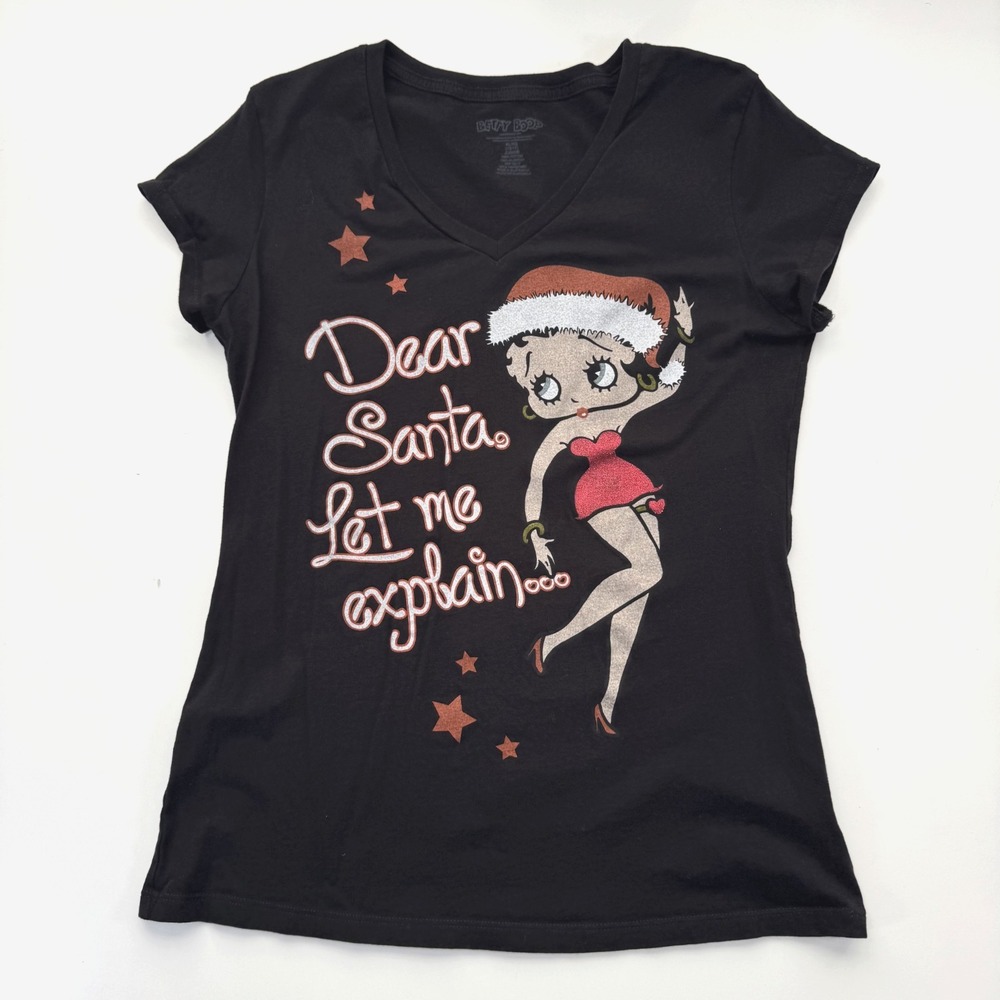 BETTY BOOP Short Sleeve Shirt Womens Juniors (15-17)‎ XL Dear Santa Christmas
